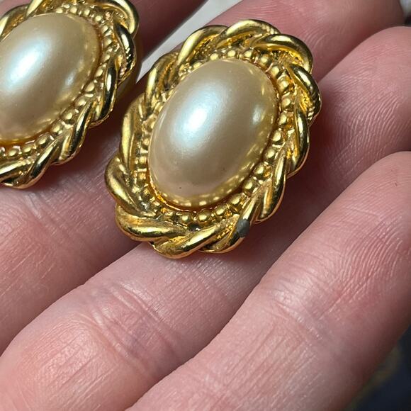 Vintage 90s Gold Plate Faux Pearl Twisted Earrings - Picture 3 of 6